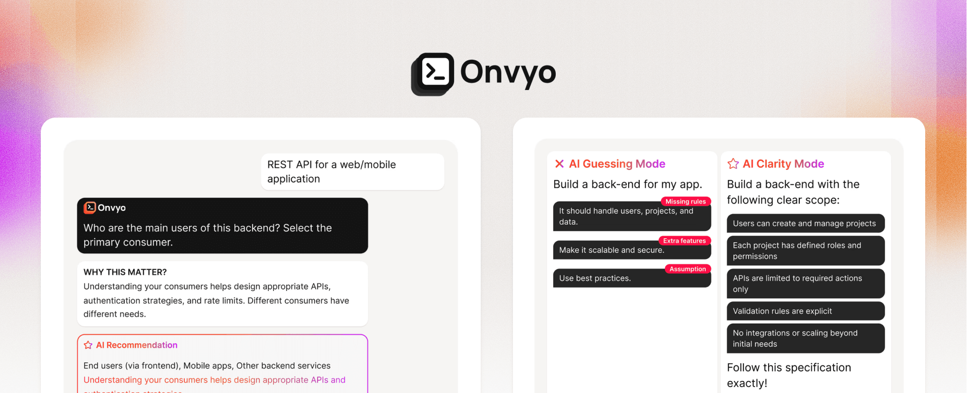 Onvyo product interface screenshots
